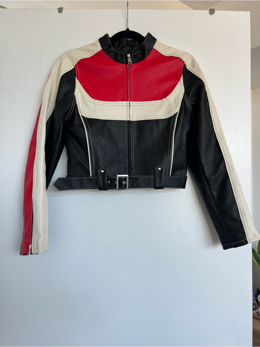 Urban Outfitters Black, Red & Cream Cropped Leather Moto Jacket